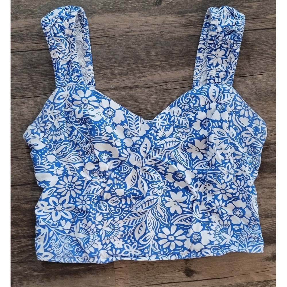 Japna Blue White Floral Smocked Crop Top Sweetheart Neck Rayon Small